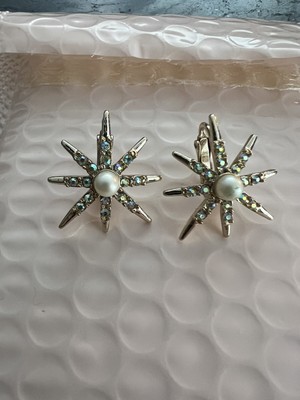 Vintage Emmons EMJ Starburst Gold Tone Faux Pearl AB Rhinestone Clip on Earrings