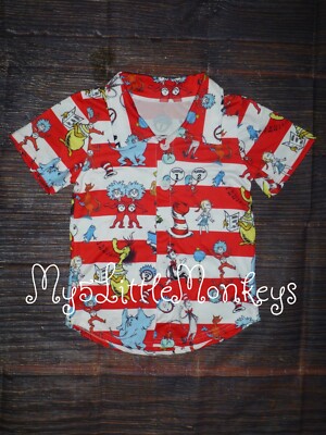 NEW Boutique Dr Seuss Cat in the Hat Boy Short Sleeve Button Up Shirt