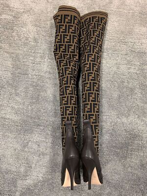 Pre-owned Fendi Rockoko Brown Ff Logo Stretch Knit Sock Thigh High Otk Heel Pump Boot 35