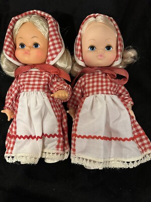 Vintage New Set Of 2 Dolls Blue Box Made Hong Kong Blonde Red Gingham Dress 9 