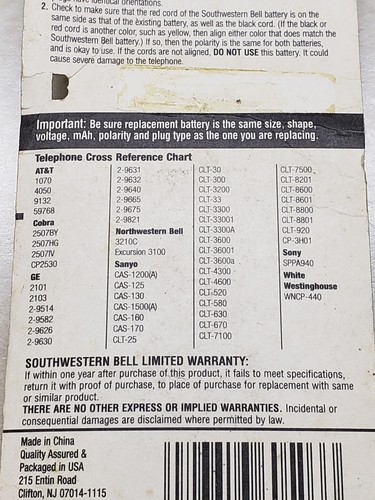 NEW Southwestern Bell Cordless Rechargeable Replacement Phone Battery S60503