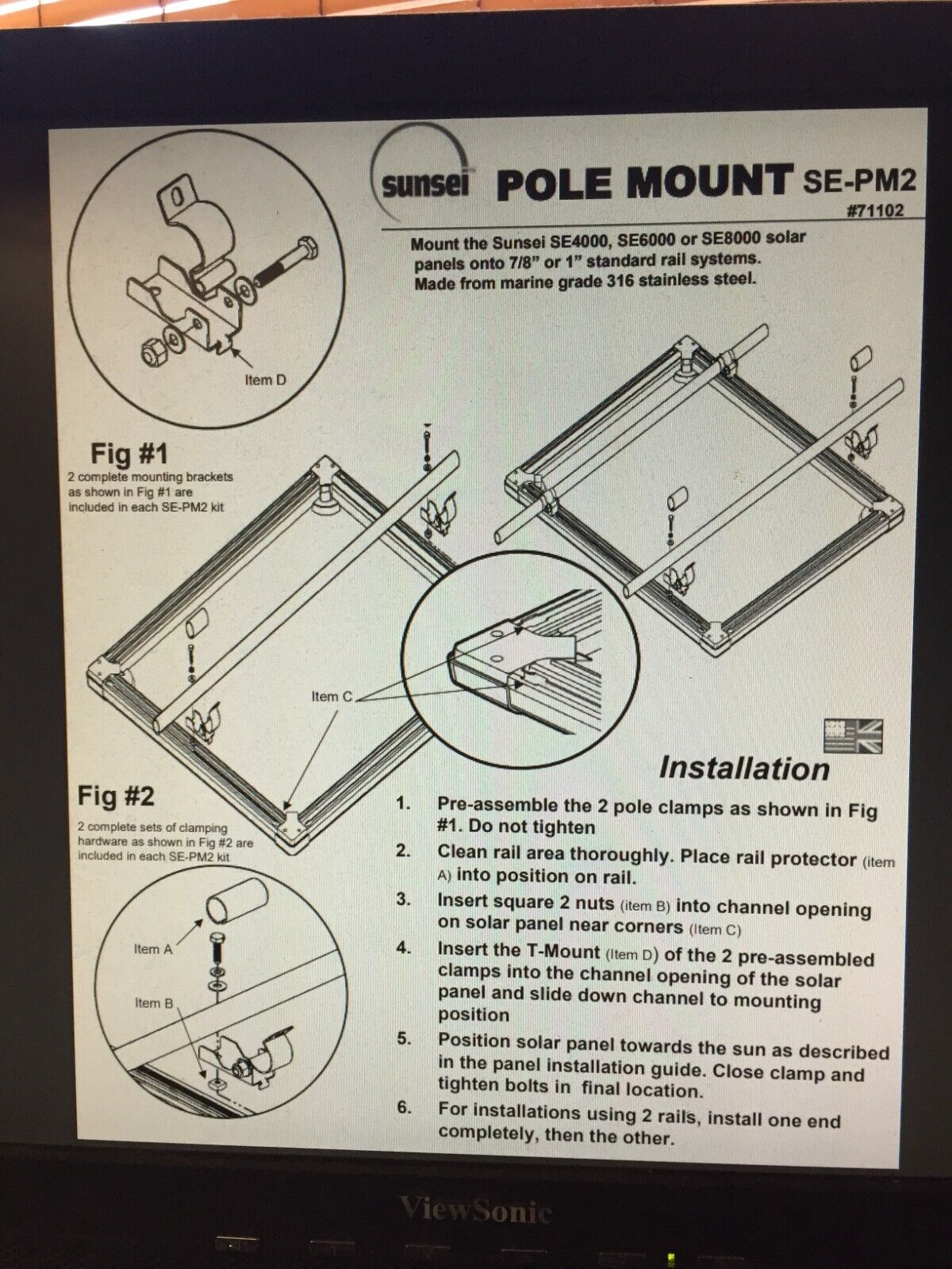 Sunsei Solar Panel Pole Mounting Kit For SE-4000, SE-6000, SE-8000 Panels 71102