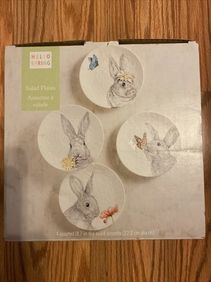 Pier 1 Imports SKETCH BUNNY 8.5'' Salad Plate Set 4 HELLO SPRING New In Box