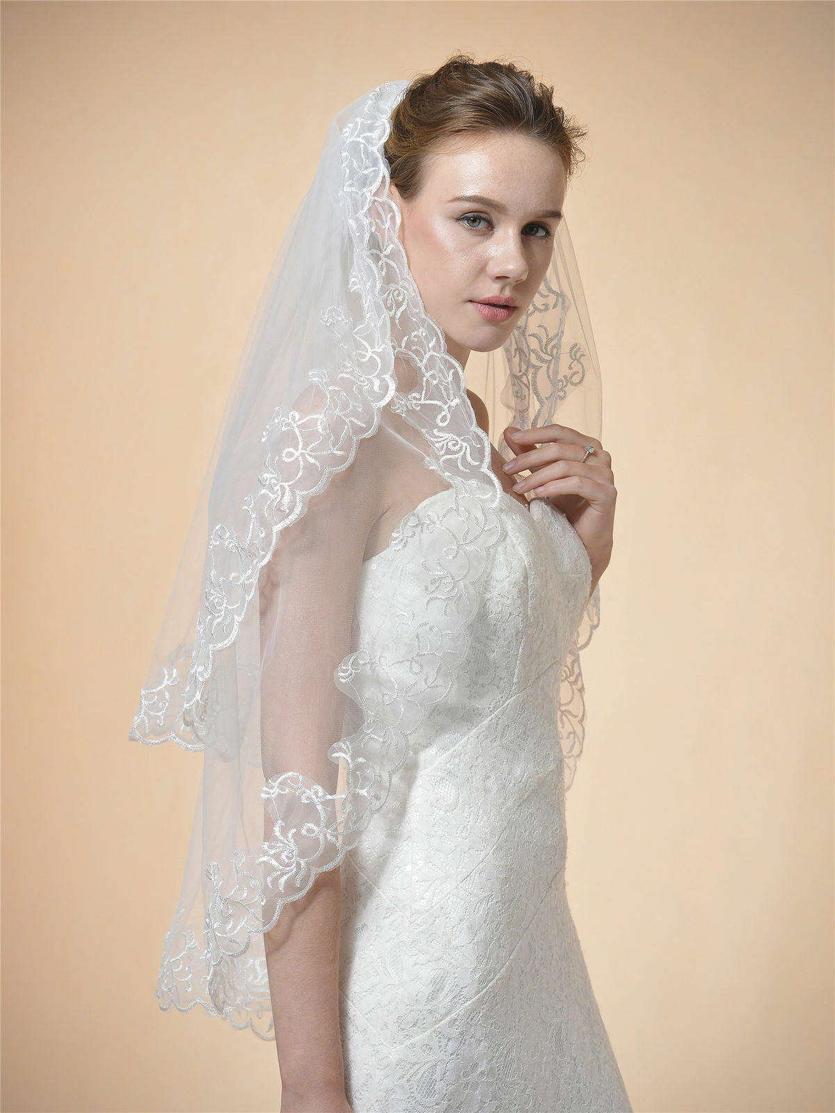 2T Elbow Length Lace Edge Bridal Veil with Comb US Stock
