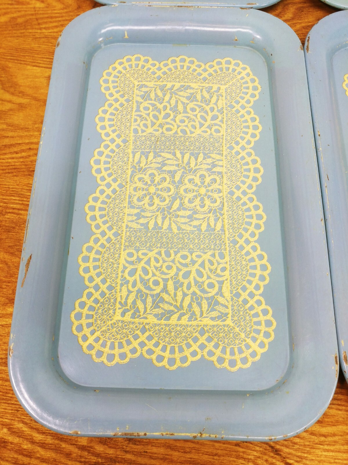 Old Vintage 4 Metal Lap Trays Light Blue w Lace Serving Trays 14" x 9