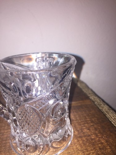 Bryce Higbee Arched Fleur De Lis Handled Mug Clear EAPG Circa early 1900's