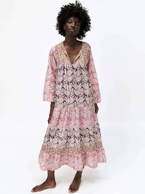 NWT ZARA Size S Voluminous Patchwork Dress Boho Maxi Tiered