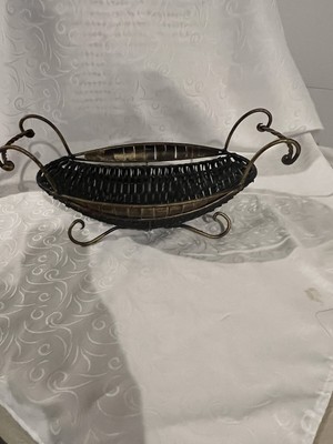 Woven Rattan and Metal Oval Basket Footed with Handles Centerpiece Decor 