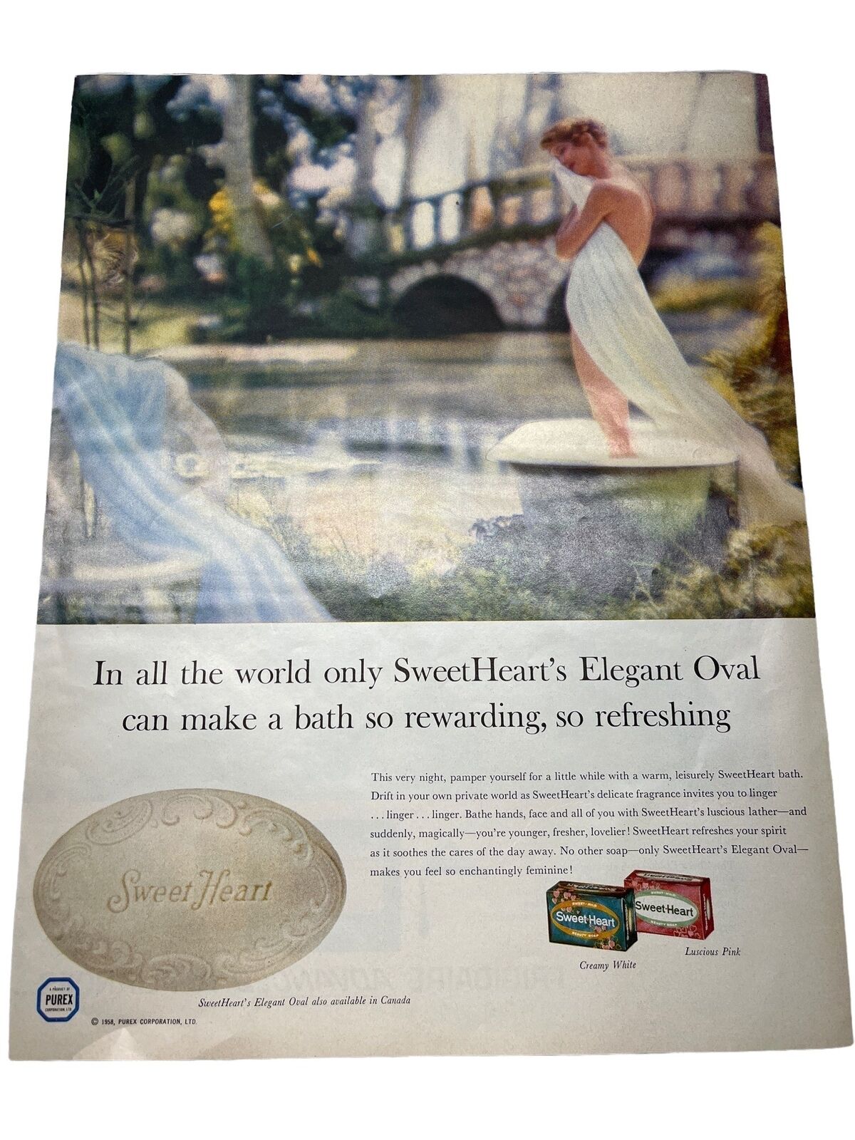 1958 Vintage Print Ad Purex Sweetheart Bath Bar Soap Woman in ...