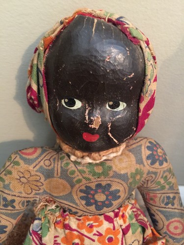Antique Rare Paper Mache Mask Face Black Saw Dust Stuffed Cloth Doll Unmark 1800