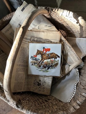 French Countryside Vintage Ceramic Trivet:Equestrian Scene Hor...
