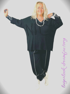 Lagenlook Kuschel-Kuschel-Kasten-Strick-Pulli Black Nice Fringes 42 44 46 48 50