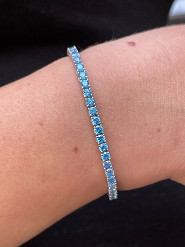 3mm Tennis Bracelet Real 925 Sterling Silver Simulated Aquamarine Blue CZ