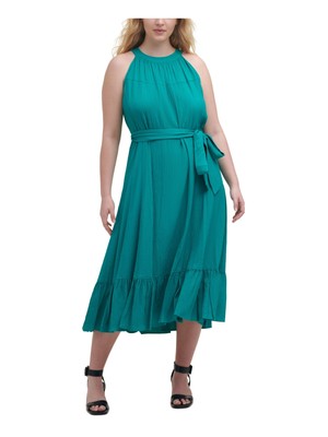 CALVIN KLEIN Womens Green Tie Gauze без рукавов Midi Fit + Flare Dress Plus 14W