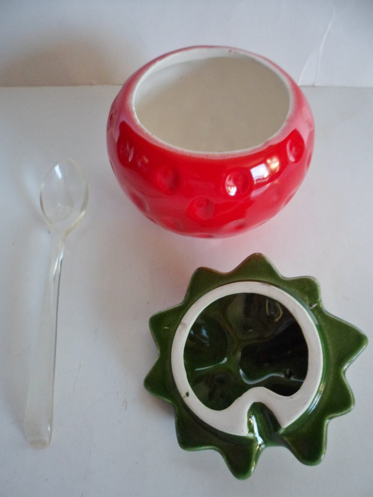 Vintage Porcelain Red Strawberry Sugar Or Jam Bowl With Lid Original Spoon