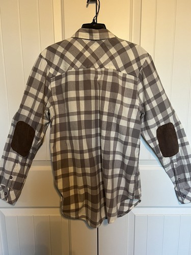 Kavu Shirt Plaid Flannel with Corduroy Elbow Patches Size Large Grey White Men’s