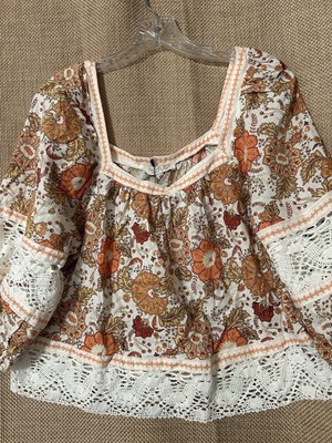 Rachel Zoe Top XS New Cute Crochet Trim Linen Blend Boho Hippy Peasant Shirt NWT