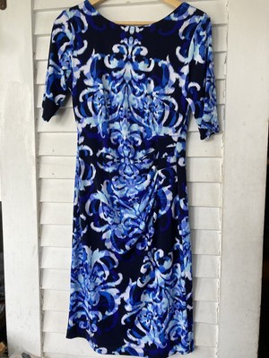 CONNECTED APPAREL Sheath Dress Sz 6 Blue Print Easy Care Stretch Rusching NWOT￼
