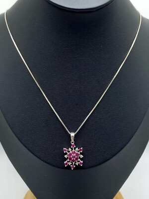 Signed 925 Sterling Silver Ruby Diamond Accent Snowflake Pendant Necklace 17 