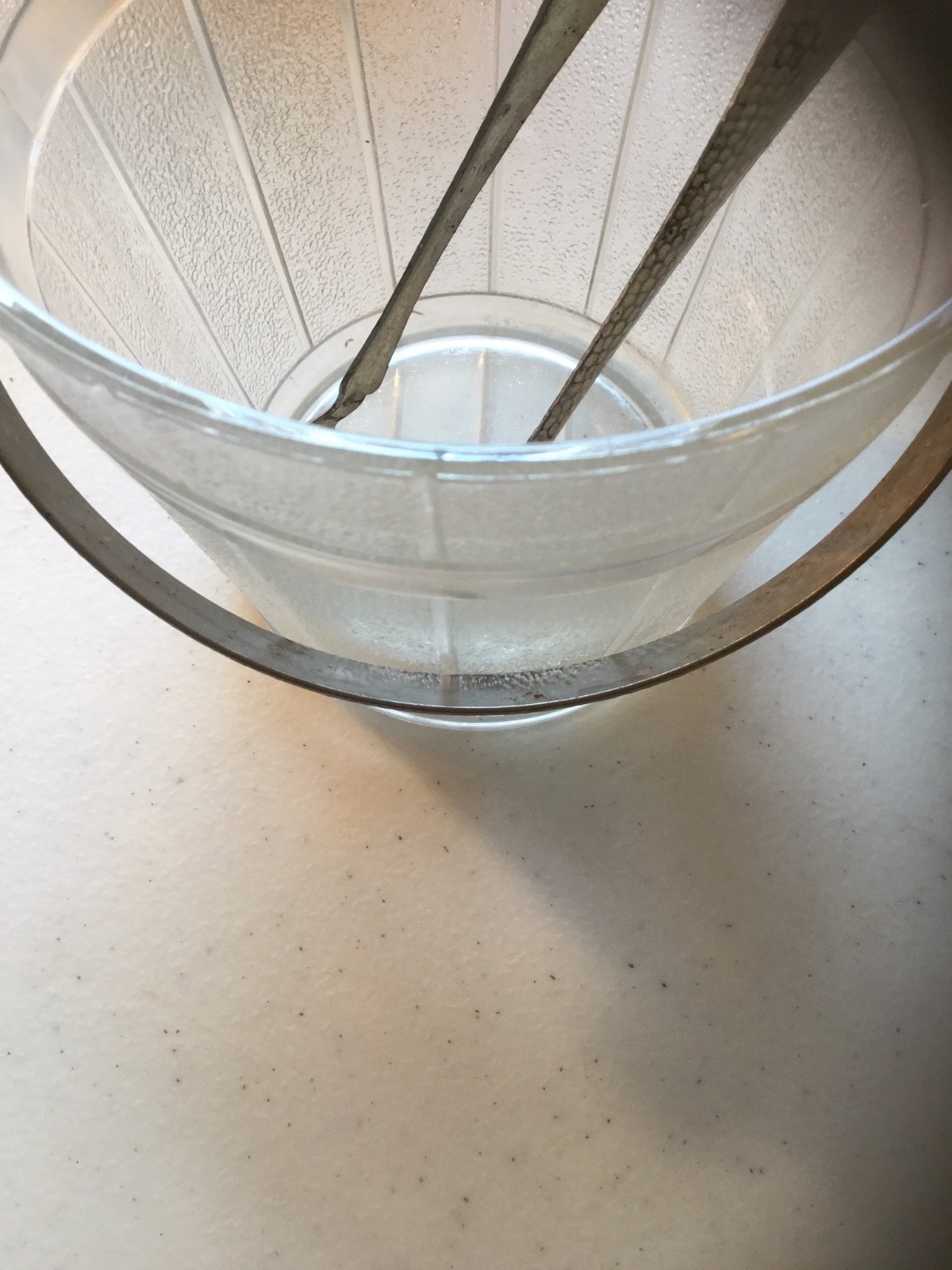 Vintage Glass Ice Bucket with Metal Handle and Tongs Oak Barrel Pattern