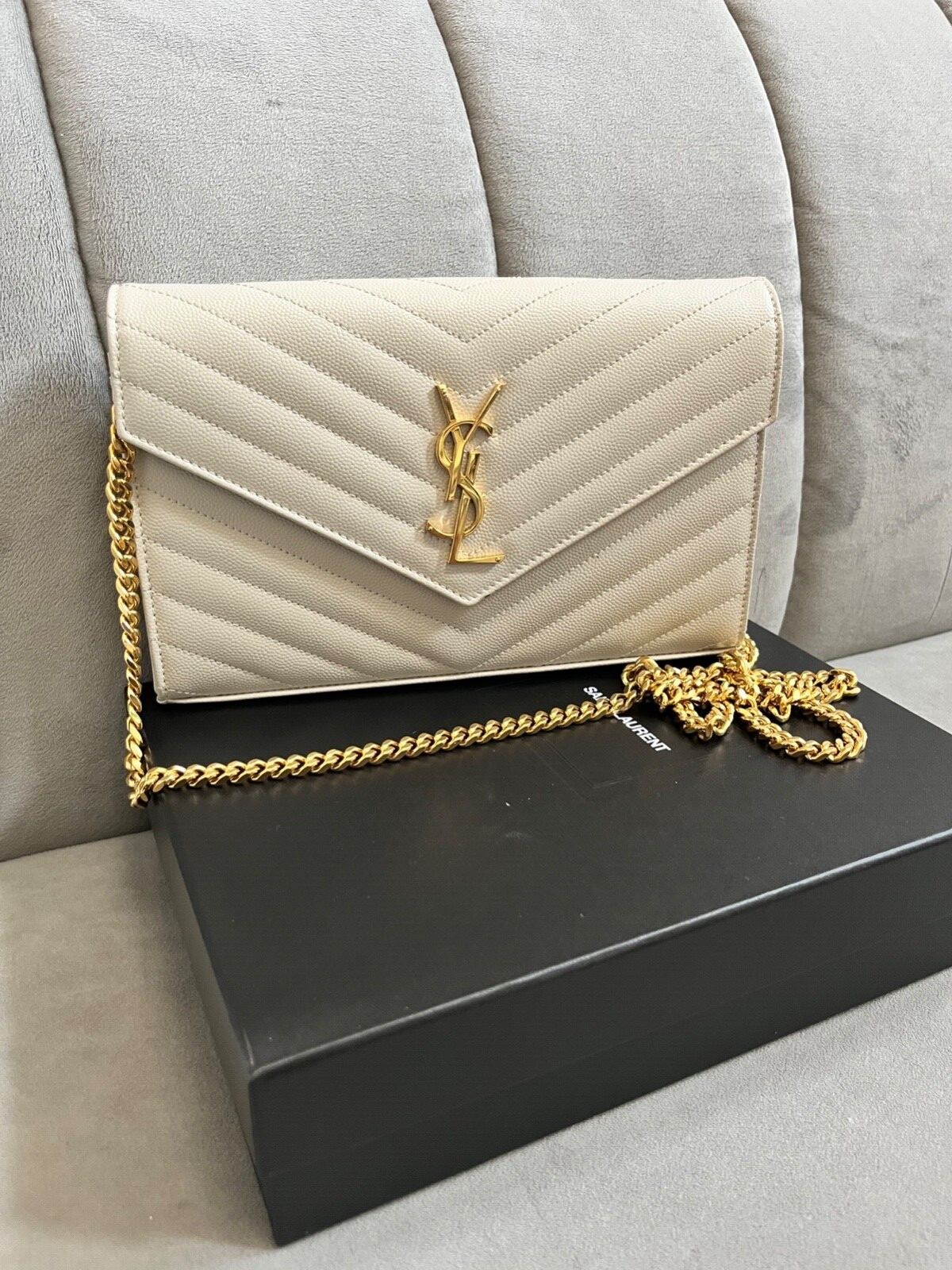 Saint Laurent Monogram Quilted Leather Chain Wallet White Saint Laurent Monogram Quilted Leather Chain Wallet White