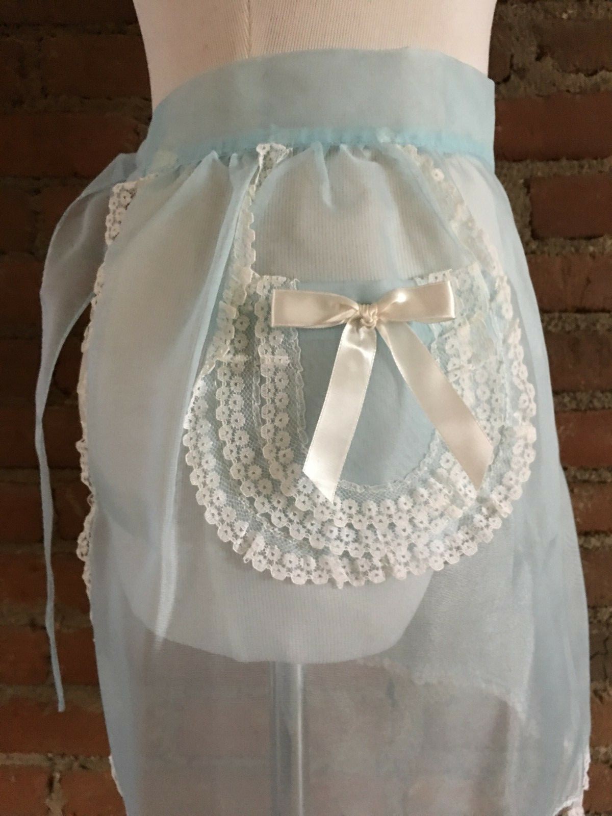 Vintage Mid Century Blue Sheer Half Apron White Lace Trim Pocket Bow Accent