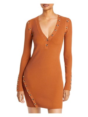 

NICHOLAS Женское коричневое вязаное платье на пуговицах с длинным рукавом и V-образным вырезом, короткое облегающее платье, Коричневый