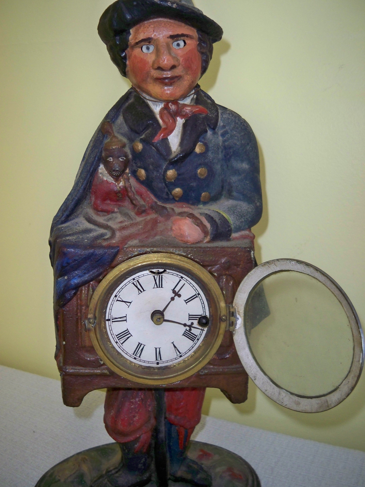 WATERBURY CAST IRON ORGAN GRINDER BLINKING EYE / WINKER CLOCK CIRCA 1859-1875