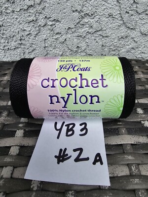 J & P Coats Crochet Nylon Thread Black 150 Yards Dye Lot 4370 Color 19