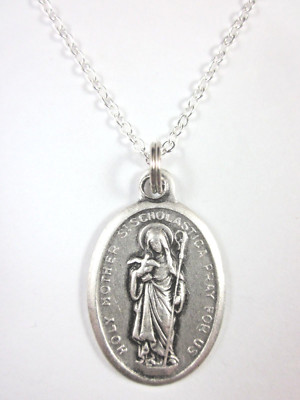 Ladies St Scholastica Medal Pendant Necklace 20'' Chain Gift Box Prayer Card