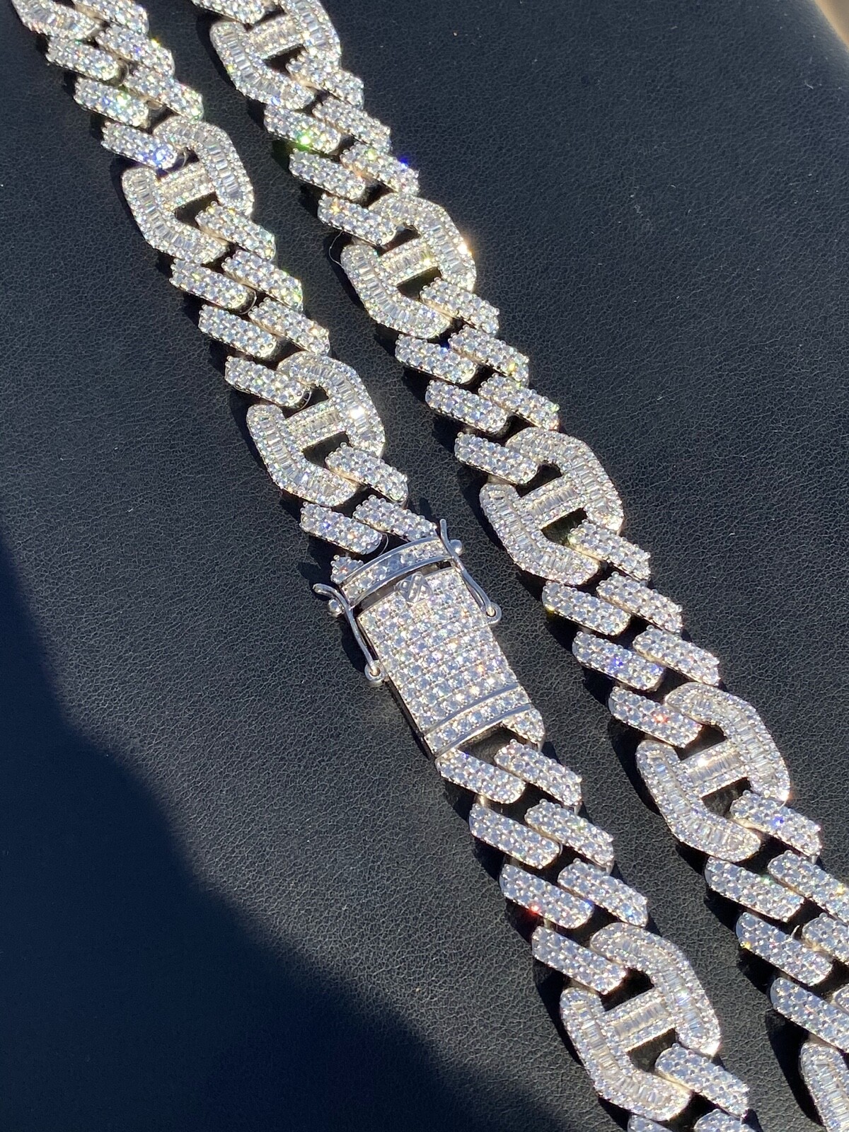 Pre-owned Silver Solid 925  Mens Figarucci Gucci Link Prong Cuban Chain Baguette Cz