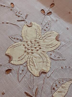 Vgt Beige And Yellow Embroidered & Applique Dogwood Cotton Shadows Hankie...