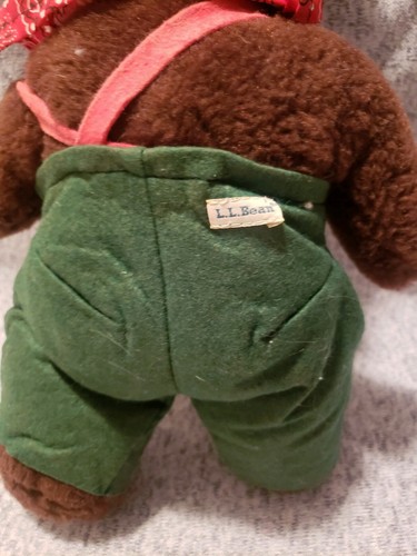 Vintage LL Bean Plush Bear wearing green hat & overalls with red kerchief