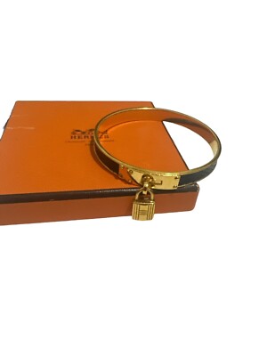 Hermes Kelly Padlock Bangle Navy Blue Lizard Gold Hardware Vintage Pre-own
