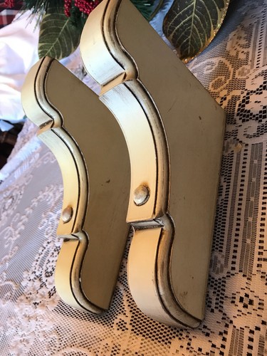 2  Antique Corbels Distressed Wood With French Lines Cream 8 3/4 X6 3/4 X 1 3/4