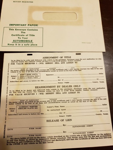 1956 CHEVY 150 2 DOOR SEDAN VEHICLE CERTIFICATE TITLE HISTORICAL DOCUMENT TEXAS