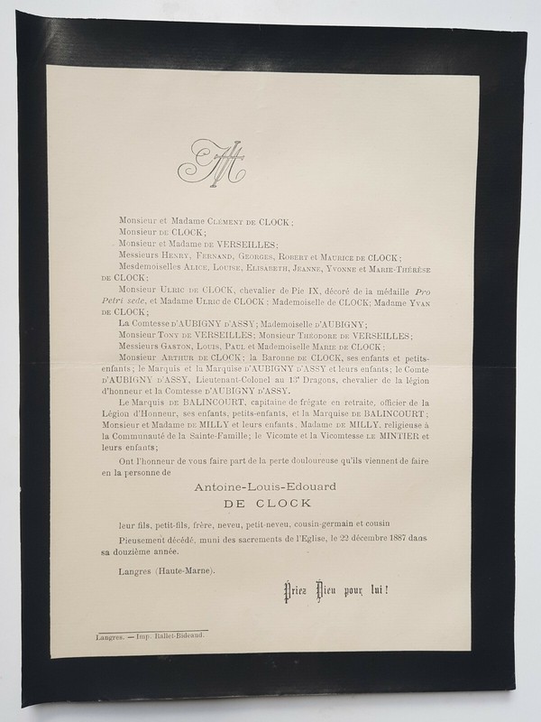 De Clock Verseilles Balincourt Faire Part Milly Mintier Langres Aubigny 1887