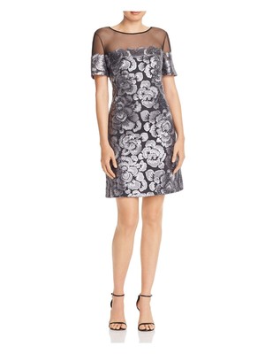 

TADASHI SHOJI Женское серое короткое вечернее платье-футляр с короткими рукавами и круглым вырезом, Серый