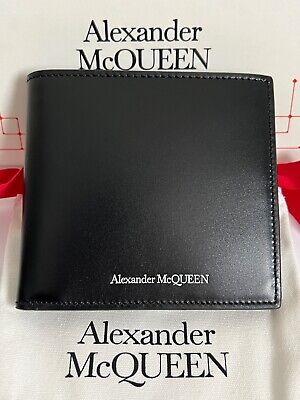 NIB Alexander McQueen Classic Black Solid Leather Logo Bifold Wallet w/ Box $595