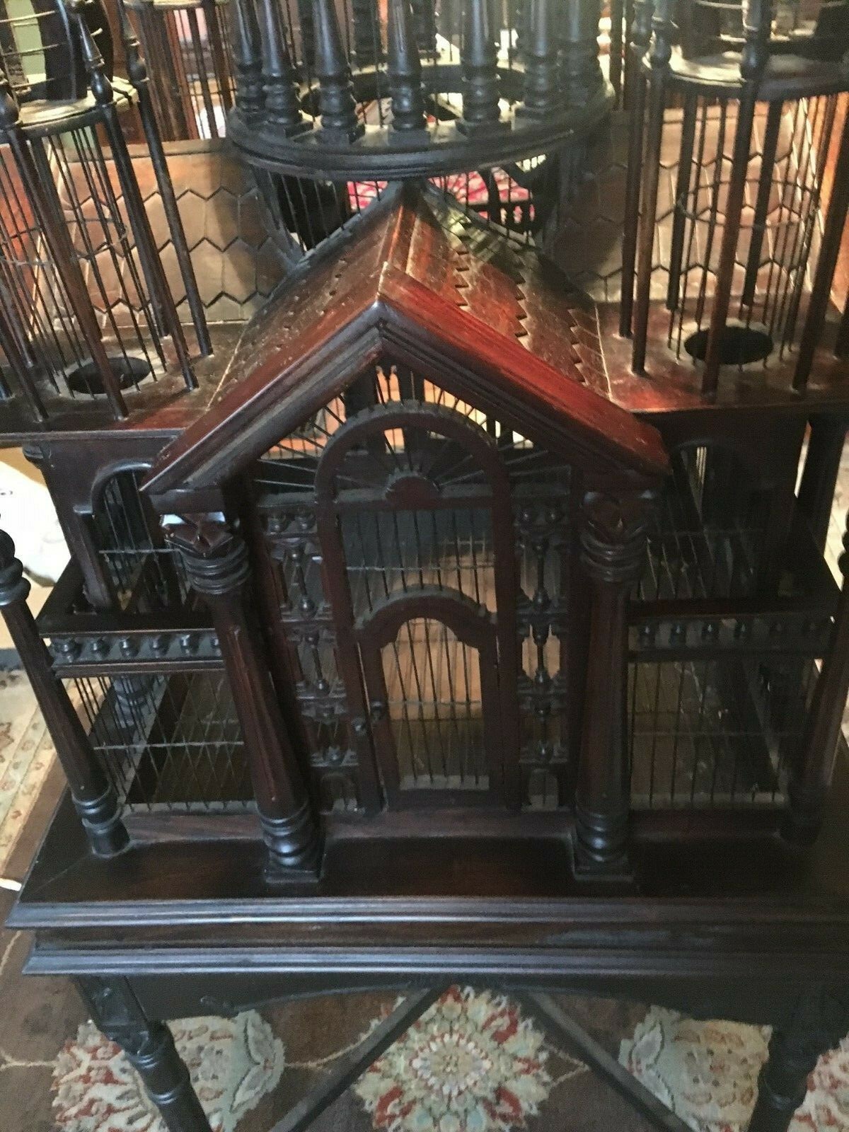 VINTAGE MAHOGANY WOOD BIRD CAGE SACRE COUER CATHEDRAL W/ TABLE 6 FOOT TALL NICE!