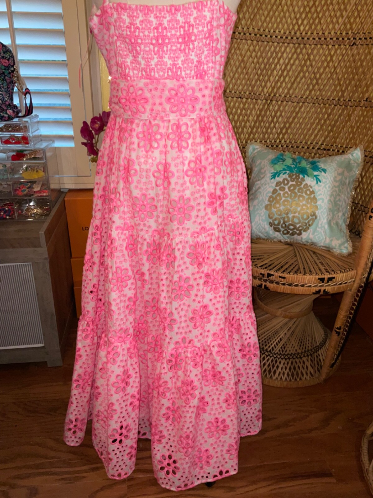 Pre-owned Lilly Pulitzer Edith Midi Dress Pink Funflower Eyelet $298 Size 8,12,14