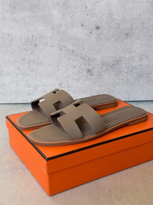 Hermes Oran Etoupe Epsom Grey Leather H Flat Sandals EU40 US9.5-10