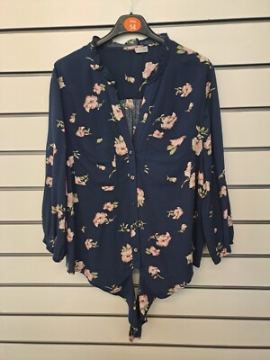 OASIS LADIES NAVY FLORAL TIE FRONT BLOUSE SIZE 14 (ref 39)