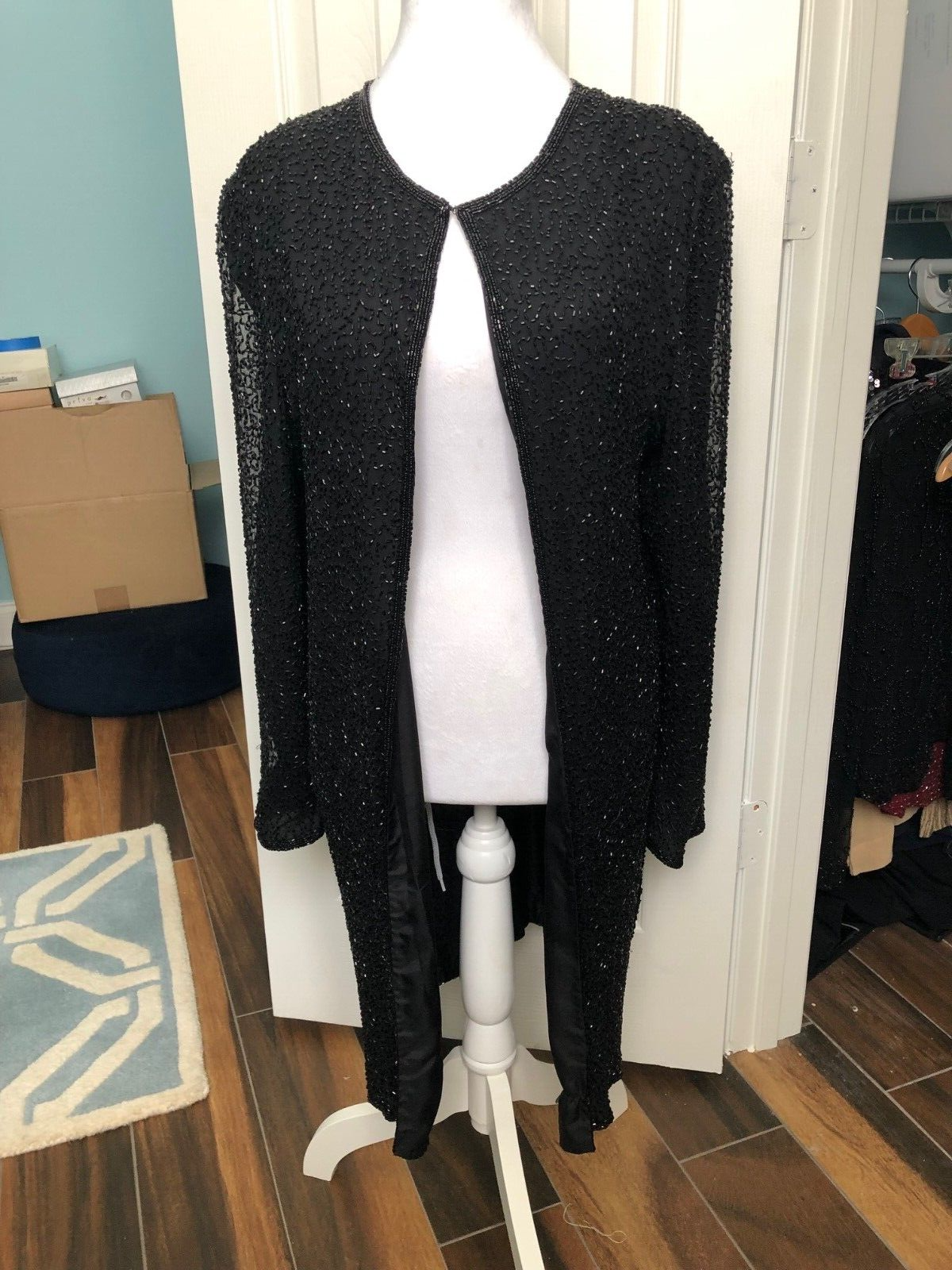 MARK & JOHN Women's Black Silk CREPE Black Beaded Long Jacket Size M