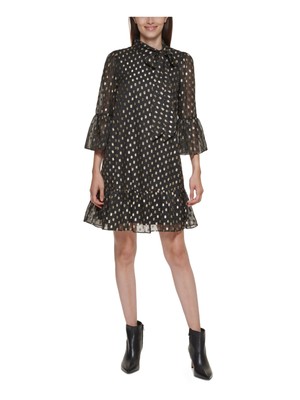 Женское черное платье-сорочка CALVIN KLEIN с расклешенным рукавом и завязкой на спине на подкладке Petites 0P