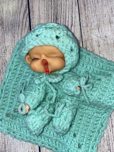 VTG Handmade Crochet Baby Doll Puppet in Lovey Blanket Plastic Head & Hands