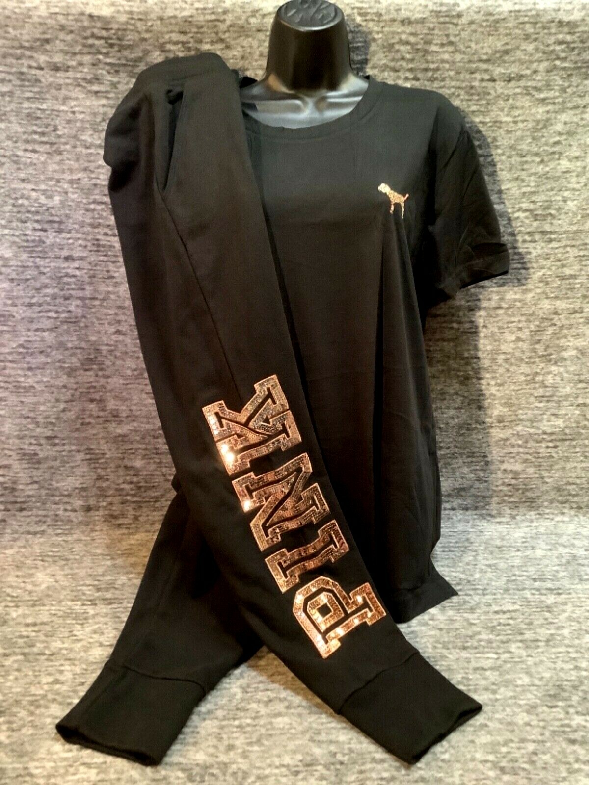 Pre-owned Victoria's Secret Pink Bling Campus Tee Shirt + Jogger Set Ombre Rose Gold L