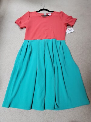 Lularoe Amelia Dress WITH Pockets Color Block Coral and Blue -  NWT 2XL