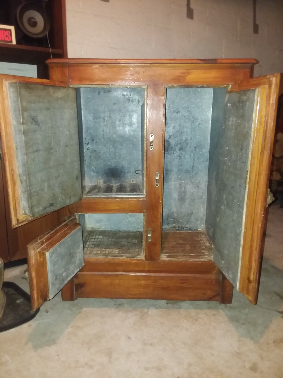 All Original Early American Antique Three Door Oak Ice Box