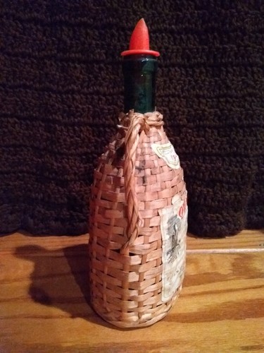 Vintage 1966 Quinta Wine Bottle Lisbon Wicker Wrapped With Handle & Paper Label
